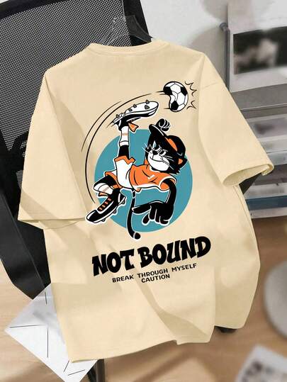 Teen Boy Cartoon Cat And Football Print Crew Neck T-Shirts Spring And Summer Boy's Casual Tee Soft Tops