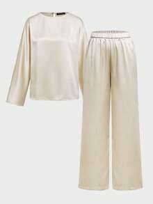 Set 2 buc. Ținută elegantă pentru femei, model vintage de monede, cu textură satinată, pentru naveta și casual, model vintage - Caisă - Vizualizare 7