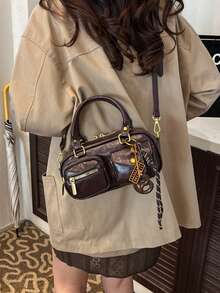女士复古纯色PU皮革单肩包，多口袋大容量，配有可拆卸吊坠 - 咖啡 - 查看 4