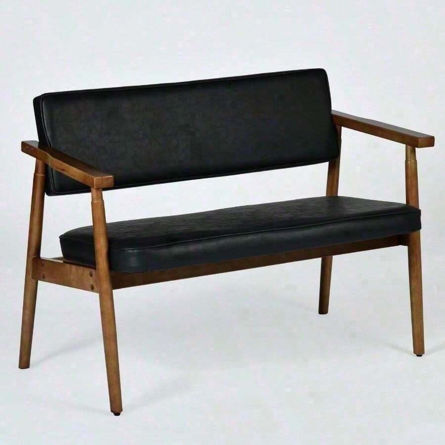FurnitureR Sofá de Dos Plazas Modernas Mediados Siglo Banco Retro de Madera y Piel Sintética Ideal para Espacios Pequeños Sala de Espera Sala de Estar y Dormitorio Negro - Multicolor - Ver 1