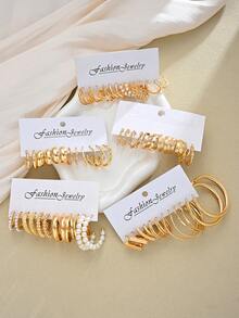 60只/48只/12只 时尚优雅的花朵、水滴、几何造型仿珍珠耳环套装，适合日常佩戴，生日和情人节礼物（不含包装盒） - 金黃色 - 查看 9