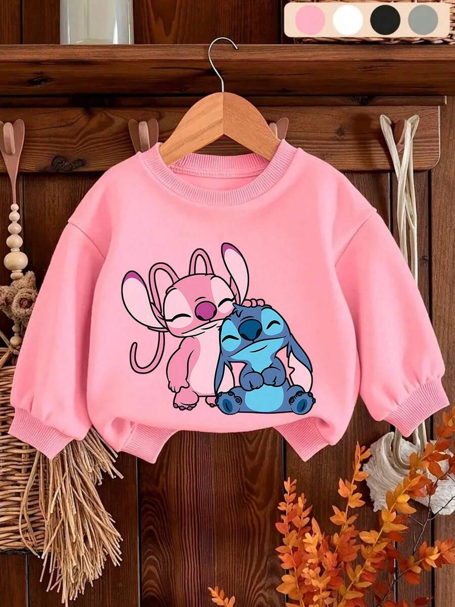 Disney Girls' Hoodie With Stitch And Angel Design Fall/Winter Kids' Crewneck Sweatshirt The Perfect Long-Sleeve Top For Girls' Everyday Play, Ideal For School Or Shopping Outings. - Hồng - Xem 1