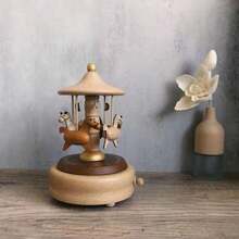 Handcrafted solid wood music box with carousel and animals - winding mechanism, lullaby melody, retro decoration - wood grain birthday gift (no batteries required) - 木の色 - チェックする 4