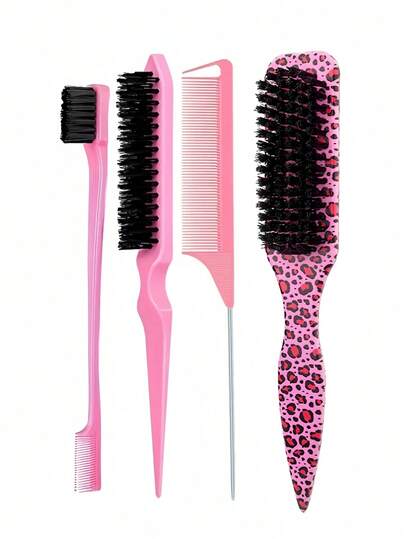 4pcs/3pcs Men's Oil Beard Brush, Long Handle Beard Cleaning Brush, Oil Comb And Hair Brush, Solid Color, Straight Hair Comb, Men's Beard Styling Comb, Leopard Comb, Leopard Hair Brush Styling Tool Set (Including Hair Tip Tool), Hair Brush/Comb, Back To School, Travel Vacation Essential, Women's Hair Accessories, Brush, Hair Brush, Wooden Comb