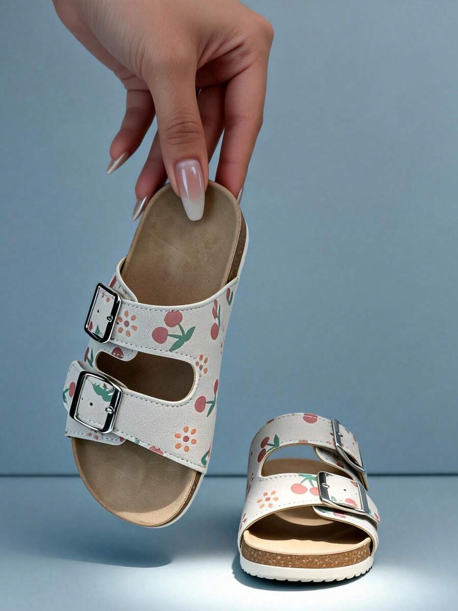 1 Pair Girls' Light Gray & White Cherry Blossom Print Slippers, Faux Suede Soft Cork Flat Slides With Dual Metal Buckle Straps, Non-Slip Soft Sole, Fresh & Sweet Style, Design, Ideal Summer Outing & Holiday Gift, High Praise Children Sandals - 灰色 - 查看 1