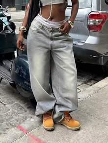 Retro Loose Street-Style Washed Bleached Wide-Leg Women Baggy Jeans,Women's Pocketed Wide Leg Relaxed Casual Versatile Jeans,Oversized Baggy Denim Jeans | Retro Washed Finish | Exposed Waistband Detail | Y2K Streetwear Vibe,Ins Fashion Baggy Denim | Relaxed Silhouette | Distressed Texture | Must-Have Urban Pants - Xám - Xem 2