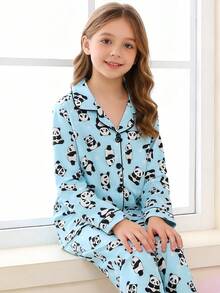 2pcs Tween Girl Pajama Set, Cute Panda Pattern, Long Sleeve Cardigan Top And Pants, Knit Fabric, Suitable For Outerwear, All Season, Boys & Girls - Baby Blue - View 4