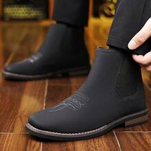 [Plush Lining] Men's Western Embroidered Chelsea Ankle Boots, Elastic Side Panels Square Toe Faux Leather Non-Slip Wear-Resistant Sole Casual Business Dress Boots For Office Work Daily Commute Fall Winter Wear - 深黑色[加絨] - 查看 4