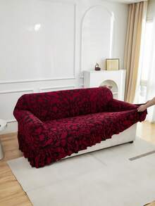 1pc Plush Jacquard Sofa Cover With Skirt, High Stretch Plant Leaf Pattern, Suitable For Various Occasions, Machine Washable - Burgundy - View 1