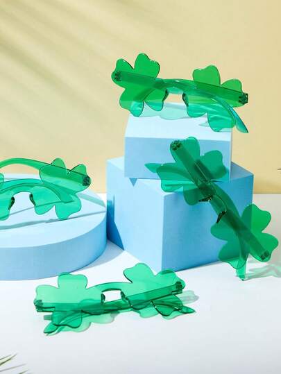 5/10pcs St. Patrick's Day Frameless Green Leaf Shaped Transparent Glasses, Frameless Party Favor Decorative Glasses, Green Clover Frameless Glasses, Irish Four-Leaf Clover Party Glasses, Suitable For Masquerade, St. Patrick's Day Accessories, Birthday Gifts, Holiday Gifts