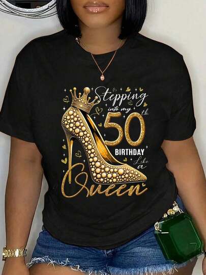 100% Cotton 50 Year Old Gifts High Heels Stepping Into My 50th Birthday T-Shirt Short Sleeve Round Neck Casual Top For Summer & Spring, Women's Men's Graphic Tee