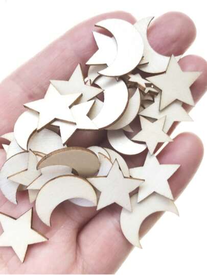 200pcs Painted Wooden Moon & Star Shapes, Children's Handmade Crafts, Holiday Tabletop Decor, Moon Festival Iridescent Star & Moon Decorative Pieces, Suitable For Holidays & Parties