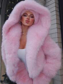 Fur Coat Women Pink Faux Fur Hooded Cropped Coat Women Fashionable Winter Warm Jacket - Hồng - Xem 1