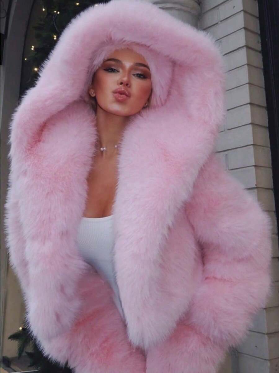 Fur Coat Women Pink Faux Fur Hooded Cropped Coat Women Fashionable Winter Warm Jacket - Hồng - Xem 1