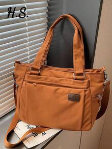 新款休闲日系简约多口袋大容量纯色轻便手提包单肩斜挎包，清新文艺风时尚百搭通勤工作上学手提包，女士 - 彩色 - 查看 3