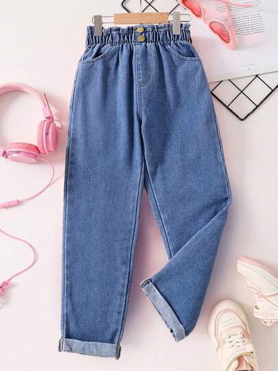 بنطلون جينز فضفاض بخصر مطاطي وجيوب للفتيات الصغيرات