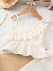 2pcs Girls Layered Ruffle Set, Vertical Striped Textured Lightweight Draping Fabric, French Elegant Children Outfit, Suitable For Party And Gathering - Champagne - View 4