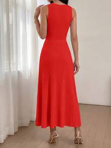 Women Summer Sleeveless Midi Dress Crewneck Ribbed Knit Pleated Swing A-Line Flowy Dress Solid Color Casual Spring Holiday Vacation Valentine Long Midi Dress Outfits - 磚紅色 - 查看 2