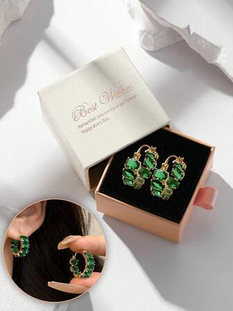 1 Pair Luxury Elegant Chromium Oxide Emerald Earrings, High-End Jewelry For Women's Party And Banquet, Copper Material Non-Fading And Hypoallergenic, Ideal Gift