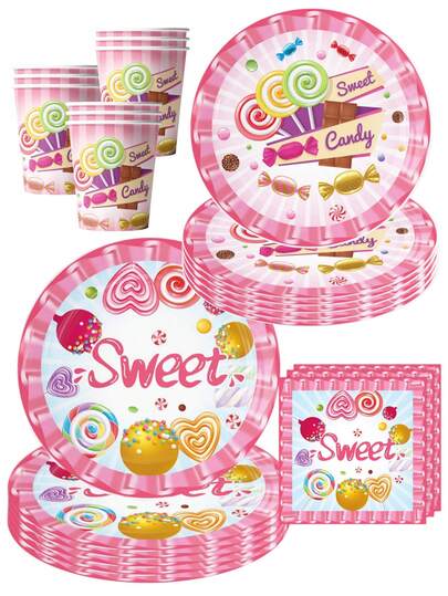 50Pcs Sweet Candy Themed Party Supplies Set - Colorful Lollipop & Dessert Pattern Disposable Paper Plates Cups & Napkins | Festive Tableware For Kids Sweet Treat Birthday Celebrations & Candy Lover Gatherings | Vibrant Pink Sweet Decor For Home Party Favors & Dessert Party Celebration Essentials