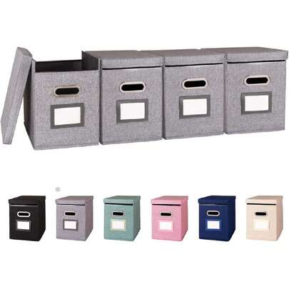 4 Pack Hanging File Folders Organizer With Lid, Letter Size Fabric File Storage Box Collapsible, Portable Office Document Holder With Metal Handle, Smooth PVC Rails, Gray,37595891