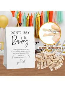 Bộ trò chơi "Đừng nói Baby", Trò chơi "Đừng nói Baby" cho tiệc mừng em bé sắp chào đời, một bảng hiệu kèm 50 kẹp quần áo mini, trang trí tiệc mừng em bé theo chủ đề tối giản, trò chơi tiết lộ giới tính, ý tưởng trang trí tiệc mừng em bé. - Nhiều màu - Xem 5