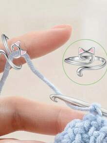 1/5pcs Silver Crochet Hooks With Cat Ear Design, Adjustable Tension Clasp For Women, Used For Guiding Yarn And Crocheting, Finger Crochet Hook With Loop - Multicolor - View 1