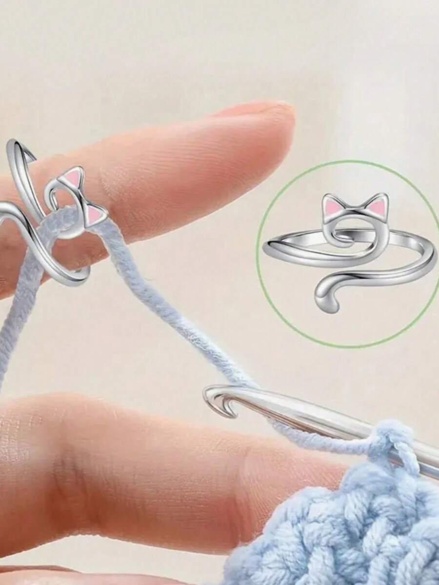 1/5pcs Silver Crochet Hooks With Cat Ear Design, Adjustable Tension Clasp For Women, Used For Guiding Yarn And Crocheting, Finger Crochet Hook With Loop - Multicolor - View 1