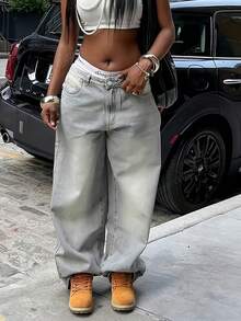 Retro Loose Street-Style Washed Bleached Wide-Leg Women Baggy Jeans,Women's Pocketed Wide Leg Relaxed Casual Versatile Jeans,Oversized Baggy Denim Jeans | Retro Washed Finish | Exposed Waistband Detail | Y2K Streetwear Vibe,Ins Fashion Baggy Denim | Relaxed Silhouette | Distressed Texture | Must-Have Urban Pants - Xám - Xem 1