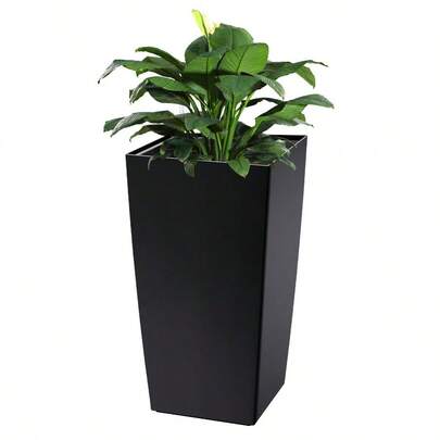 Set Of 2 Large 30-Inch Tall Black Automatic Self-Watering Planters With Smart Watering System, Drainage Holes & Inner Bucket - Heavy-Duty Plastic Indoor/Outdoor Pots For Palm Trees, Ferns, Houseplants - Low-Maintenance Modern