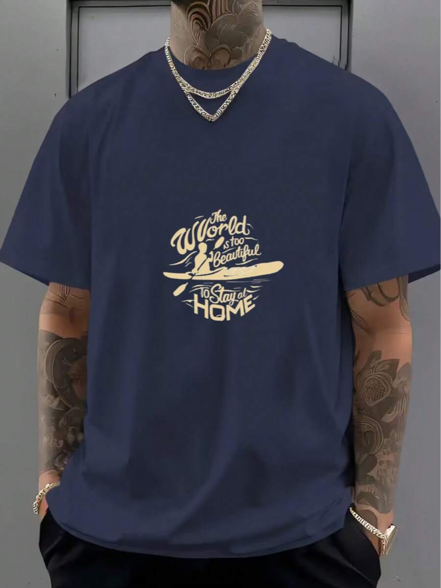 Camisa de manga corta negra con patrón de personaje de remo amarillo y texto - Azul Marino - Ver 1