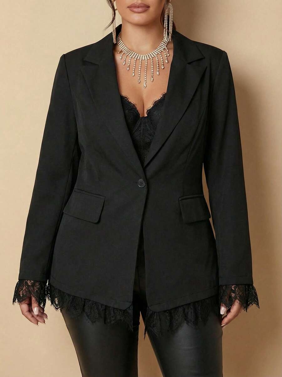Whisplicity Plus Size Women Office Blazer Jacket With Lapel Neck Long Sleeve, Contrast Lace, Button Pockets - Black - View 1
