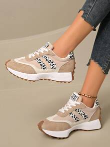 Women's Lightweight Running Sneakers - Lace-Up Closure, Multi-Functional Flat Sole, Breathable Fabric & Faux Leather Material - Leopard Print Apricot - View 2