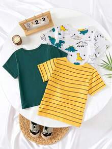 3pcs Boys' Dinosaur Print T-Shirts - Short Sleeve Summer Outfit, Featuring Dinosaur Graphic Design, Crew Neck Casual Tees, Suitable For Birthday Party Celebration, Regular Fit, Fits Children Aged 4-7 Years, Spring/Summer Outdoor Series - Multicolor - View 2