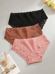 3 paquetes de ropa interior de mujer de algodón orgánico acanalado | Con adorno de encaje floral, suave y transpirable | Ropa interior diaria - Multicolor - Ver 5