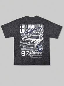 FRACTYR 男士夏季时尚简约赛车及英文标语印花圆领复古水洗短袖T恤 | 百搭街头休闲T恤，男友礼物 - 黑色 - 查看 5