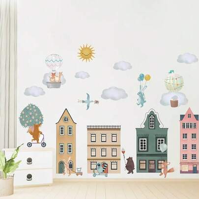 Watercolor Fairy Tale Town, Sun, Clouds, Animals Wall Stickers For Kids Room, Nursery Decor, Self-Adhesive