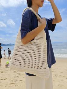 Back To School,Large Women's Handbags,Women Girls Knitted Shoulder Bags Retro Hollow Woven Large Capacity Floral Decor Shopper Handbags Crochet Bag Crochet Bags For Women Summer Beach Tote Bag - trắng - Xem 1