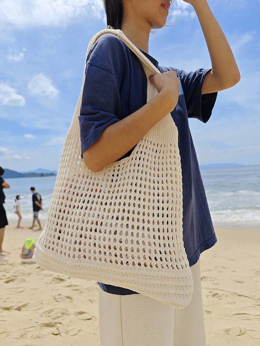 Back To School,Large Women's Handbags,Women Girls Knitted Shoulder Bags Retro Hollow Woven Large Capacity Floral Decor Shopper Handbags Crochet Bag Crochet Bags For Women Summer Beach Tote Bag - trắng - Xem 1