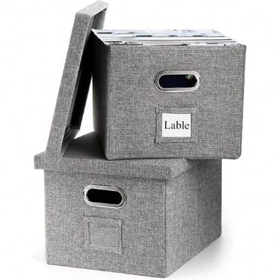 Lot de 2 boîtes de classement, armoires de classement pliables en lin, boîtes de rangement décorative en lin pour dossiers suspendus avec couvercles et panneau MDF durable, rangement économe en espace pour dossiers, 37595902
