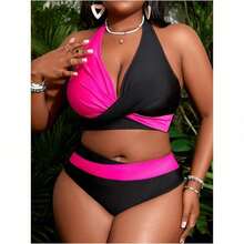 Women's Plus Size Resort Bikini – Colorblock Two-Piece With Supportive High Waist Fit - Black and Hotpink - 查看 4