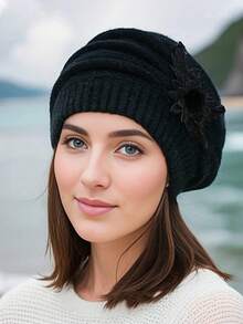 1 szt. wygodny dzianinowy beret damski zapewniający ciepło, elastyczna zimowa czapka z konstrukcją chroniącą uszy, idealna na narty i spotkania na świeżym powietrzu - Wielokolorowe - Zobacz 3