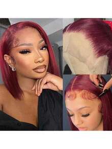 99j Burgundy Lace Front Wigs Human Blended Hair 8-16 Inch Short Bob Wig 13x4 Lace Front Wigs Pre Plucked 180% Density Straight Bob Wig Natural Hairline Wine Red Wigs For Women(Blended Wigs-A Mix Of Human Blended Hair And Synthetic) - S99J - View 5