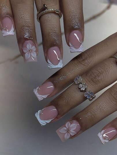 24片/套 短方形白色波浪法式3D浮雕花朵金色珍珠装饰美甲贴纸，包含甲油胶和指甲锉，适合女孩/女士日常佩戴、派对、庆典等场合。