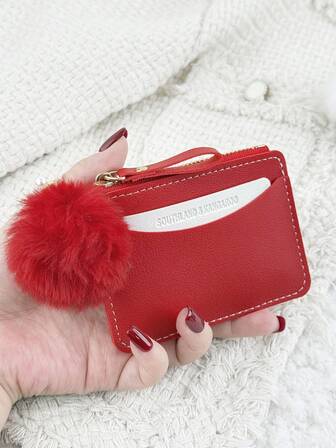 This Red Small Wallet Features A Pom-Pom Charm, Is Lightweight And Portable, Can Hold Credit Cards, Keys, Etc., Fashionable And Cute, Suitable As A Birthday Gift, Christmas Gift, Anniversary Gift, Also Suitable For Women, Girls, Ladies, Business Professionals, Couples, Students, Dorm Supplies And Back-To-School Items.