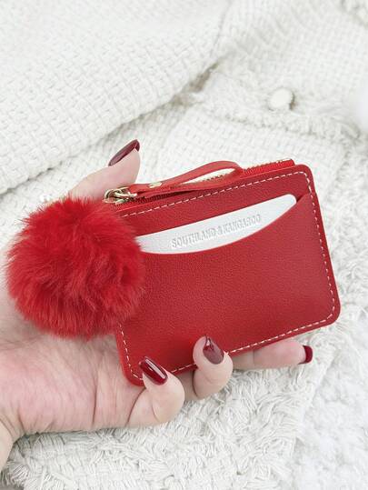 This Red Small Wallet Features A Pom-Pom Charm, Is Lightweight And Portable, Can Hold Credit Cards, Keys, Etc., Fashionable And Cute, Suitable As A Birthday Gift, Christmas Gift, Anniversary Gift, Also Suitable For Women, Girls, Ladies, Business Professionals, Couples, Students, Dorm Supplies And Back-To-School Items.