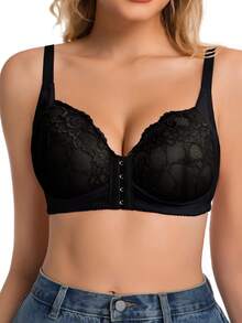 1pc Women's Front Closure Sexy Lace Wireless Adjustable Strap Leisure Backless Bra - Black - View 3