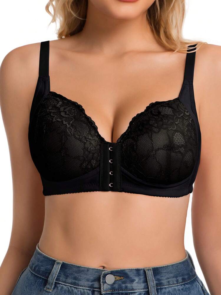 1件装女士前扣式性感蕾丝无钢圈可调节肩带休闲露背文胸 - 黑色 - 查看 3