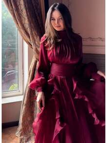 Vestidos Elegantes De Mujer,Women's Elegant And Stylish Ruffled Fitted Dress - Màu Đỏ Sâu - Xem 3