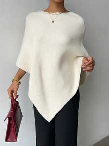 Minimalist Fashion Poncho Sweater, Solid Color Ribbed, Everyday Wear, Autumn/Winter
